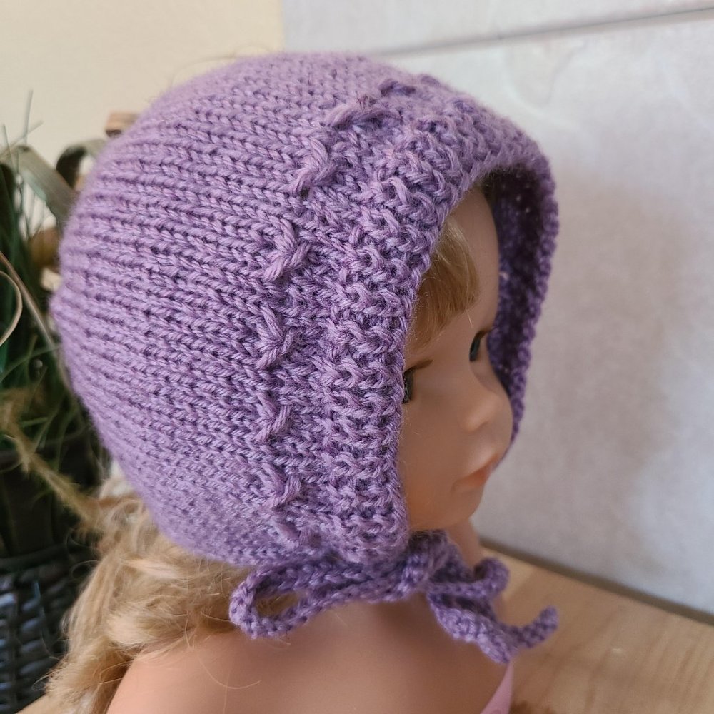 Baby Girl Hat BONNET knitted Acrylic Polyester Handmade Purple Size 3-6 Months